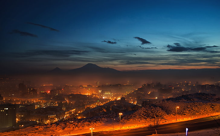 Armenia, Yerevan, aerial shot of buildings, City, armenia, sky, yerevan, blue, lights, at night, edgar varjapetyan photography, opera, ararat mountain, HD wallpaper
