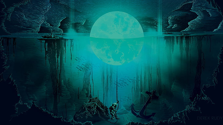 Derek Rudy, seni digital, laut, Bulan, karya seni, bawah air, penyelam, biru, Wallpaper HD