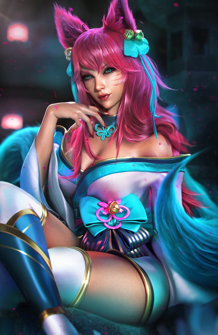 Ahri (League of Legends), League of Legends, spirit blossom, video games, pink hair, video game girls, fox girl, video game characters, tail, fantasy girl, looking at viewer, blue eyes, bare shoulders, cleavage, kimono, sitting, thigh-highs, portrait display, vertical, 3D, artwork, CGI, digital art, fan art, Sevenbees, HD wallpaper