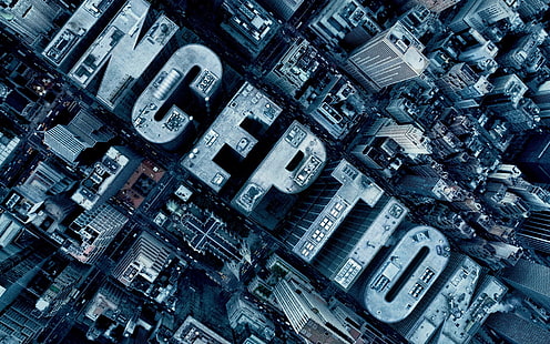 Начално лого на филм, Начало, небостъргач, въздушен изглед, типография, град, филми, цифрово изкуство, HD тапет HD wallpaper