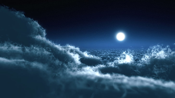 черно-белый меховой текстиль, луна, небо, облака, HD обои