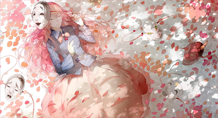 mask, Touhou, Hata no Kokoro, petals, HD wallpaper