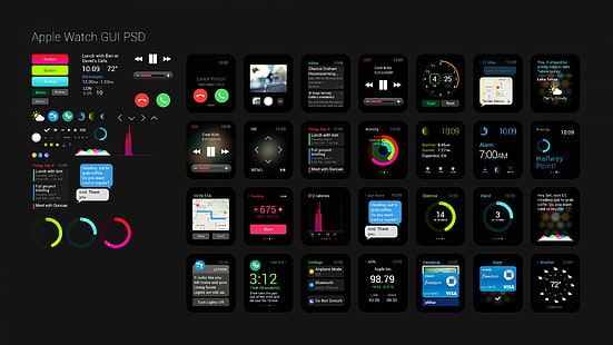 Schermo PSD della GUI di Apple Watch, Apple Watch, GUI, interfaccia, orologi, carta da parati, 5k, 4k, recensione, iWatch, Apple, display, argento, gadget futuristici reali, Sfondo HD HD wallpaper