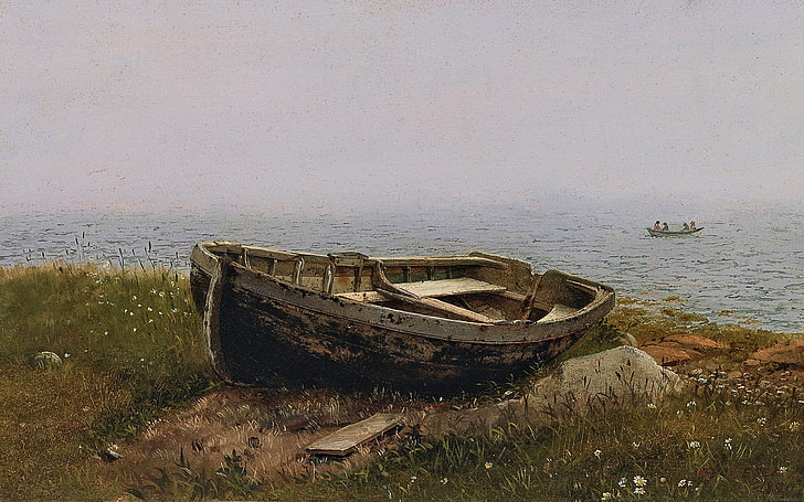 brown wooden boat, sea, landscape, children, stones, shore, boat, picture, Frederic Edwin Church, HD wallpaper