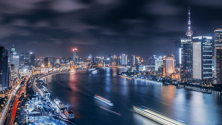 Villes, Shanghai, Chine, Huangpu, Nuit, Pudong, Fond d'écran HD