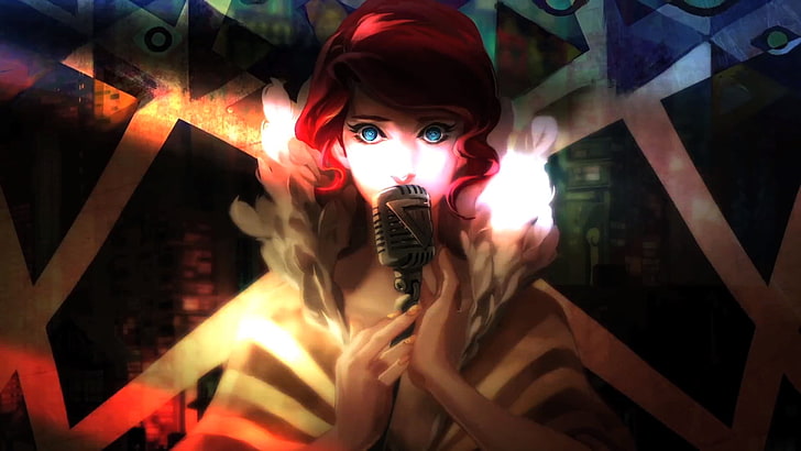 женщина держит микрофон графические обои, транзистор, рыжий, видеоигры, красный (транзистор), голубые глаза, произведение искусства, певица, женщины, музыка, аниме девушки, HD обои