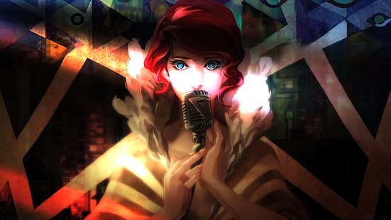 женщина держит микрофон графические обои, транзистор, рыжий, видеоигры, красный (транзистор), голубые глаза, произведение искусства, певица, женщины, музыка, аниме девушки, HD обои HD wallpaper