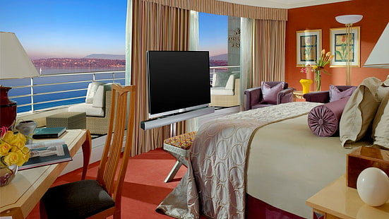 интерьер, кровать, спальня, балкон, дизайн интерьера, HD обои HD wallpaper