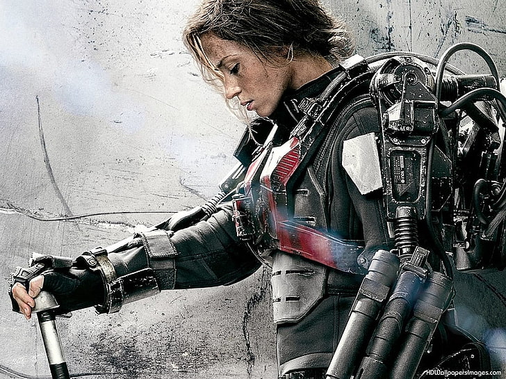 schwarzer langärmeliger Frauenanzug, 2018 Tomb Raider-Poster, Edge of Tomorrow, Filme, Emily Blunt, futuristisch, Science-Fiction, Schauspielerin, HD-Hintergrundbild