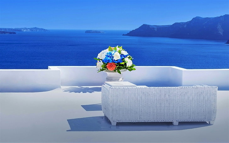 Kota, Santorini, Balkon, Sofa, Bunga, Yunani, Horison, Lounge, Lautan, Laut, Wallpaper HD