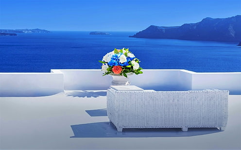 Pueblos, Santorini, Balcón, Sofá, Flor, Grecia, Horizon, Lounge, Océano, Mar, Fondo de pantalla HD HD wallpaper