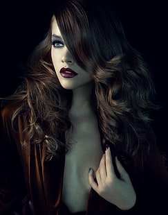 Atasan merah wanita, Barbara Palvin, wanita, model, berambut cokelat, mata biru, make up, cat kuku, Wallpaper HD HD wallpaper