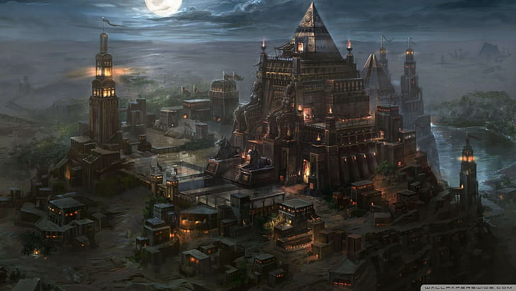 pirámide marrón y gris illustrationb, arte de fantasía, ciudad de fantasía, Fondo de pantalla HD