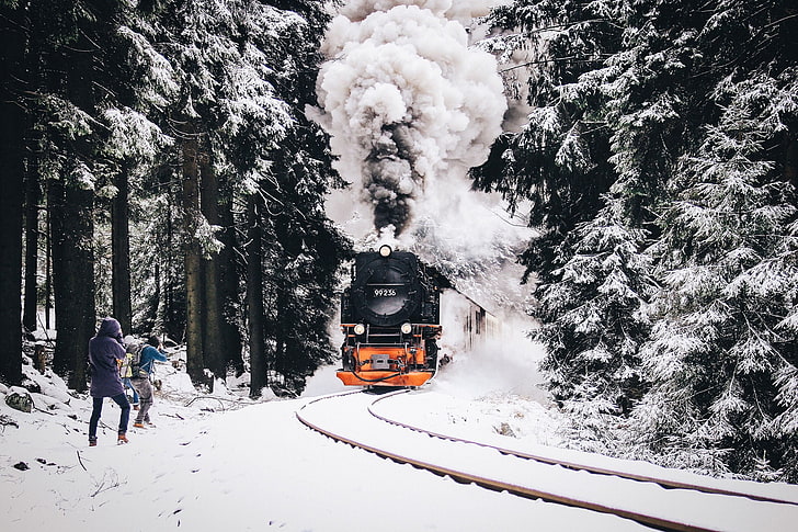 black train, nature, train, railway, snow, vehicle, winter, HD wallpaper