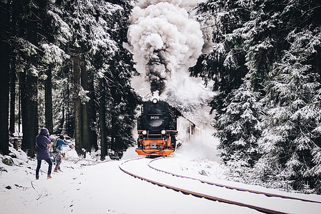 trem preto, natureza, trem, estrada de ferro, neve, veículo, inverno, HD papel de parede HD wallpaper