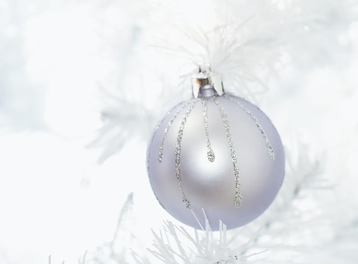 white bauble, christmas decorations, ball, glitter, thread, silver, HD wallpaper