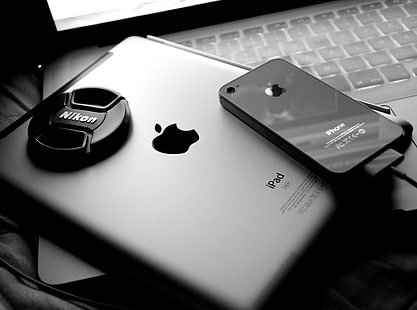 วอลล์เปเปอร์ Apple HD, iPad พื้นที่สีเทา, คอมพิวเตอร์, Mac, แล็ปท็อป, แอปเปิ้ล, iPhone, ดำและขาว, iPad, Nikon, ยาเม็ด, มาร์ทโฟน, วอลล์เปเปอร์ HD HD wallpaper