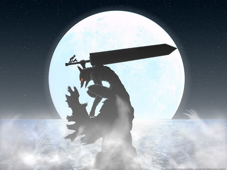 silhouette of wolf holding sword, Berserk, Guts, manga, Kentaro Miura, fantasy art, HD wallpaper