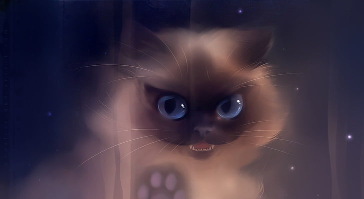 Bad Kitty Painting, tapeta z szarego i czarnego kota, artystyczna, fantasy, piękna, kotek, grafika, kotek, zwierzę, malarstwo, śliczna, malowanie kota, niebieskie oczy, wielkie oczy, zły kotek, Tapety HD