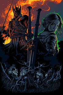 swordswoman 및 골격 그림, 디지털 아트, 삽화, 세로보기, Witcher, The Witcher 3 : Wild Hunt, Eredin, Ciri, Cirilla Fiona Elen Riannon, HD 배경 화면 HD wallpaper