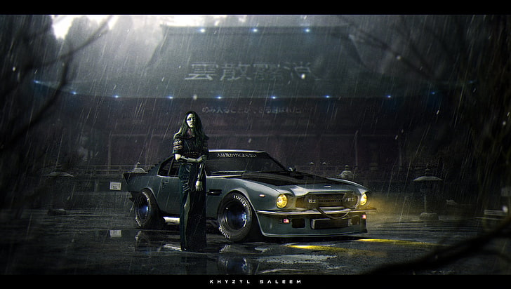 grey car illustration, car, Stance, futuristic, rain, Aston Martin Vantage 1977, Aston Martin Vantage, Khyzyl Saleem, HD wallpaper