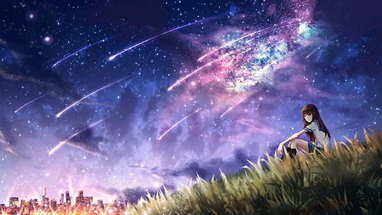 Аниме, оригинал, каштановые волосы, девушка, трава, длинные волосы, звездное небо, HD обои HD wallpaper