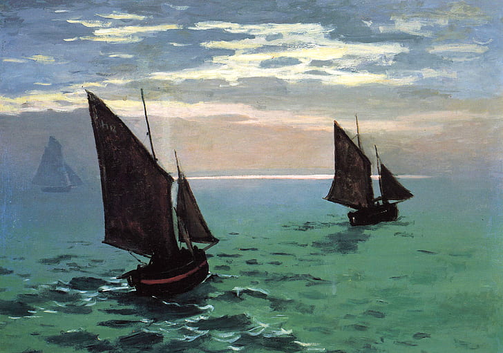 the sky, picture, sail, seascape, Claude Monet, Fishing Boats in the Sea, HD wallpaper