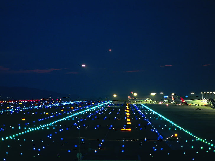 landasan pacu bandara, lampu, malam, pesawat terbang, bandara, Wallpaper HD