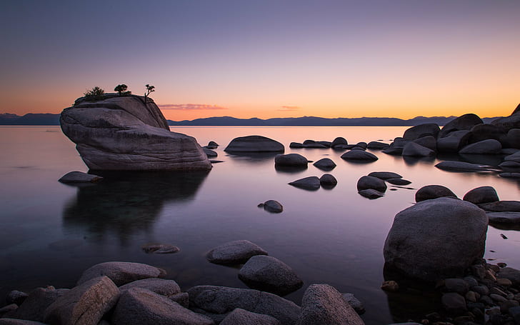 日没時に岩が多い海岸、穏やかな、日没、自然、岩-オブジェクト、反射、日の出-夜明け、風景、 HDデスクトップの壁紙