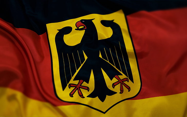 желто-черный логотип орла, германия, флаг, герб, ткань, HD обои