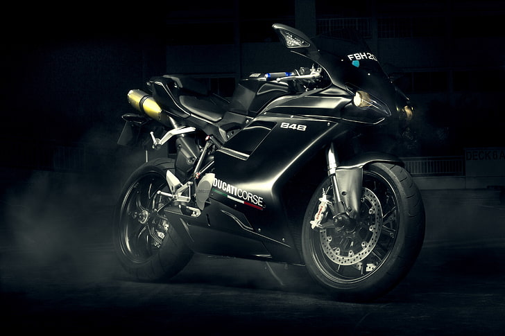 black sports bike, Ducati, black, Evo, sport bike, 848, HD wallpaper