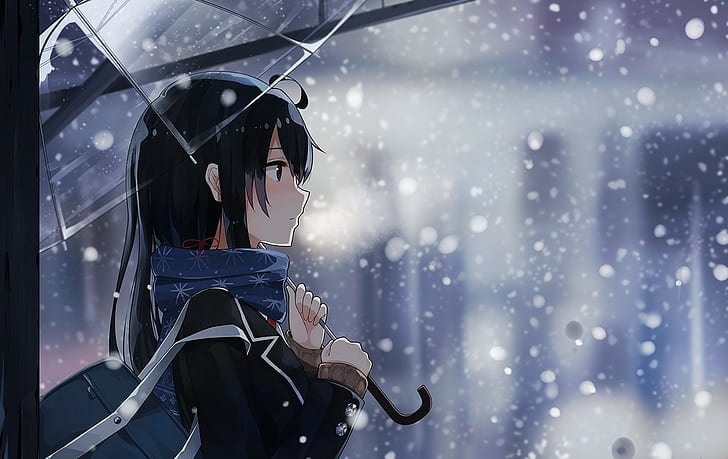 аниме момичета, аниме, Yukinoshita Yukino, Yahari Ore no Seishun Love Comedy wa Machigatteiru, чадър, зима, сняг, студ, HD тапет