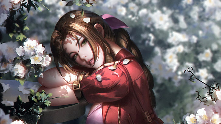 Gesicht, Blütenblätter, rot, Final Fantasy, rotes Kleid, im Frühling blühend, Licht und Schatten, Aerith Gainsborough, von Liang Xing, HD-Hintergrundbild
