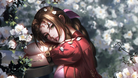 rosto, pétalas, vermelho, Final Fantasy, vestido vermelho, floração na primavera, luz e sombra, Aerith Gainsborough, por Liang Xing, HD papel de parede HD wallpaper