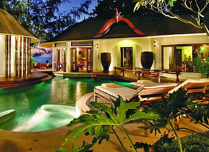 Lagoon Pool Island, джакузи, лагуна, Фиджи, Южно-Тихия океан, плаж, Полинезия, океан, нощ, басейн, остров, хотел, тропически, HD тапет HD wallpaper