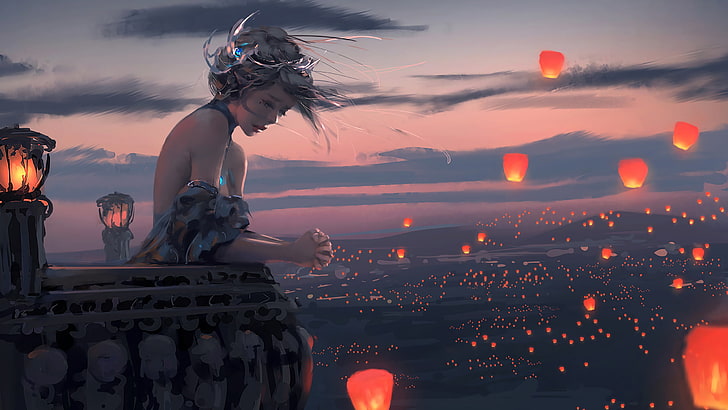 Иллюстрация серая женщина, девушка в черном топе возле воздушных шаров, принцесса, живопись, небесные фонарики, ветер, балкон, WLOP, корона, вымышленная, HD обои