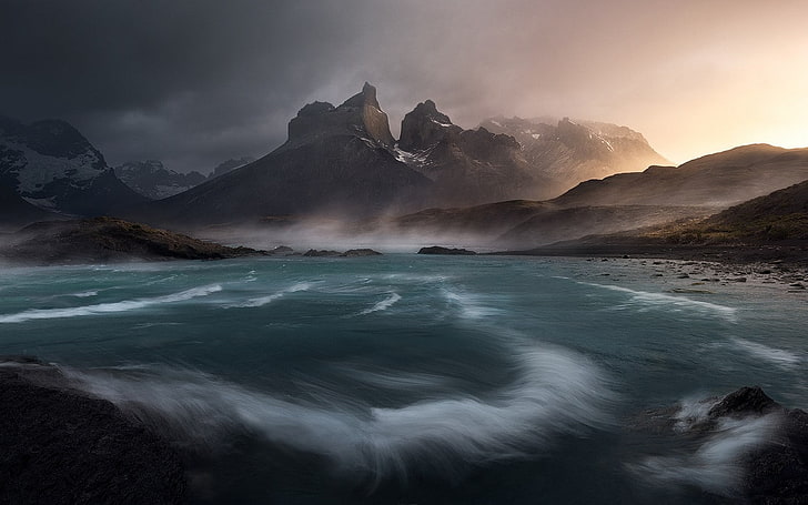 nature, landscape, wind, lake, clouds, mountains, Torres del Paine, Chile, mist, water, snowy peak, HD wallpaper