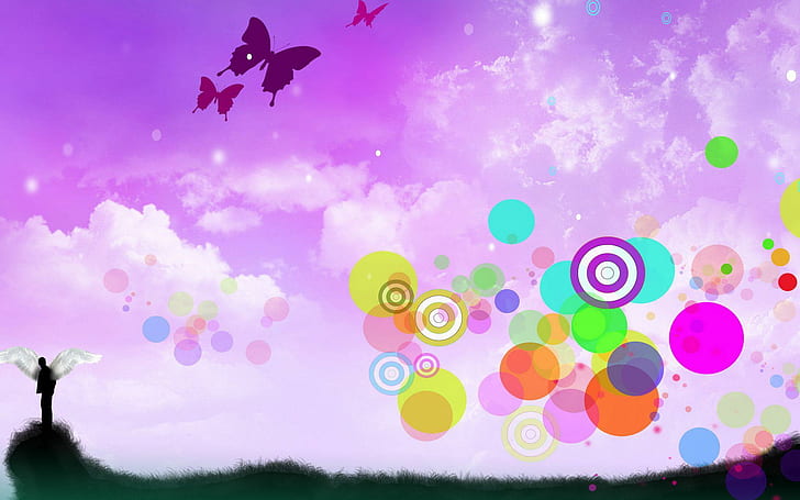 Fjärilar och cirklar, silhuett av personen med vingar grafik, digital konst, 1920x1200, cirkel, moln, fjäril, HD tapet