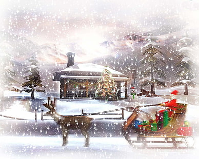 ภาพประกอบซานตาคลอสและกวางเรนเดียร์คริสต์มาส, วอลล์เปเปอร์ HD HD wallpaper