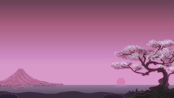 илюстрация на цъфтящо дърво, минимализъм, цифрово изкуство, дървета, слънце, прост фон, Япония, HD тапет
