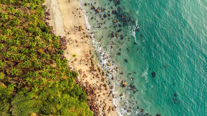 waves, beach, rocks, sand, tide, tropical, aerial view, HD wallpaper