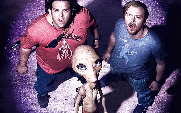 surprise, alien, Paul, Sexe: le matériau secret, Nick Frost, un faisceau de lumière, Simon Pegg, Fond d'écran HD