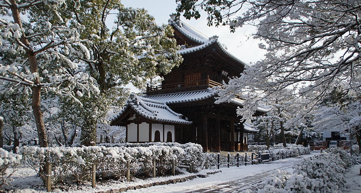 Храмы, Япония, Храм Кеннин-дзи, Киото, Снег, Храм, Зима, HD обои