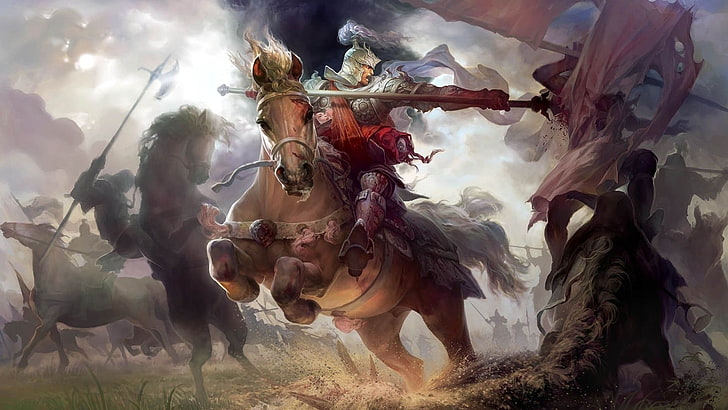 knight riding horse digital wallpaper, horse, fantasy art, knight, spear, HD wallpaper