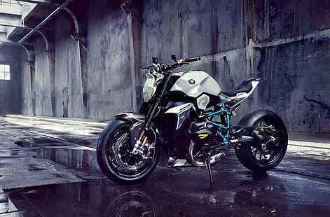 Motocicleta BMW, bicicleta deportiva BMW gris y negra, motocicletas, otras motocicletas, motocicleta, moto deportiva, bicicleta, interior, Fondo de pantalla HD HD wallpaper