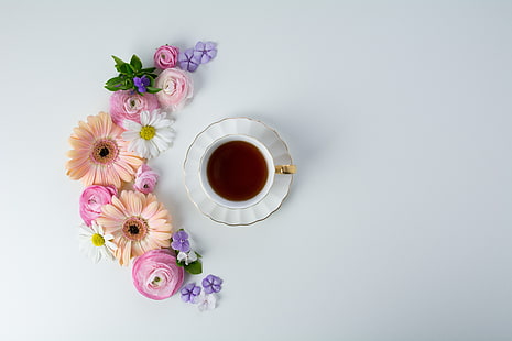 цветы, кофе, чашка, розовый, нежный, HD обои HD wallpaper