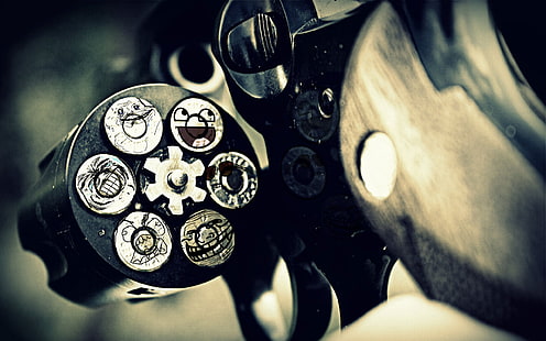 cilindro revolver nero, revolver, fantastico, meme, trollface, Sfondo HD HD wallpaper