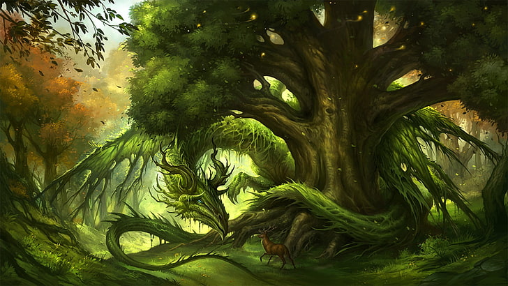 papier peint dragon et arbre vert, dragon, nature, arbres, plantes, forêt, oeuvre d'art, art fantastique, vert, cerf, vie, Fond d'écran HD