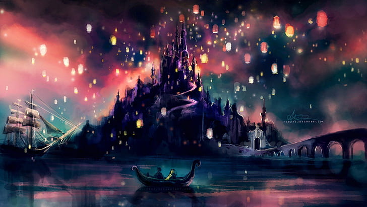 Alicexz, boat, castle, Sky Lanterns, Tangled, Walt Disney, HD wallpaper