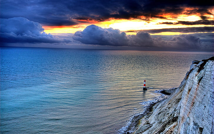 Sea, rock, lighthouse, sky, clouds, sunset, dusk, Sea, Rock, Lighthouse, Sky, Clouds, Sunset, Dusk, HD wallpaper